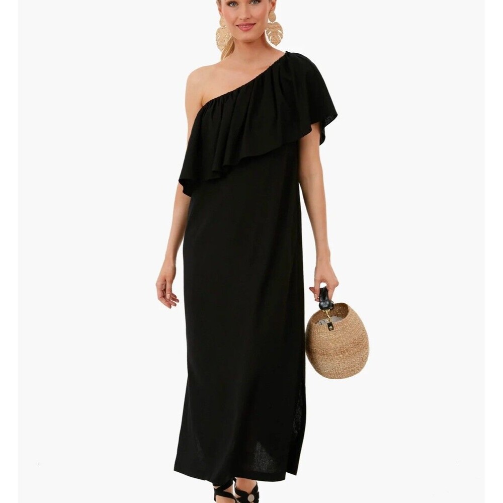 Pomander Place Florencia Dress Off Shoulder Black Linen Resort Wear - Medium